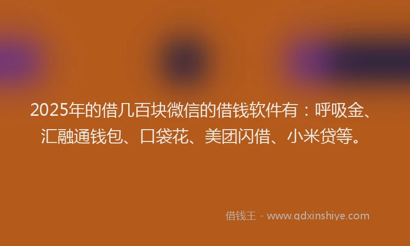 2025年的借几百块微信的借钱软件有：呼吸金、汇融通钱包、口袋花、美团闪借、小米贷等。