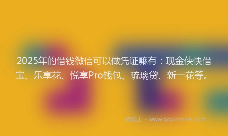 2025年的借钱微信可以做凭证嘛有:现金侠快借宝、乐享花、悦享Pro钱包、琉璃贷、新一花等。