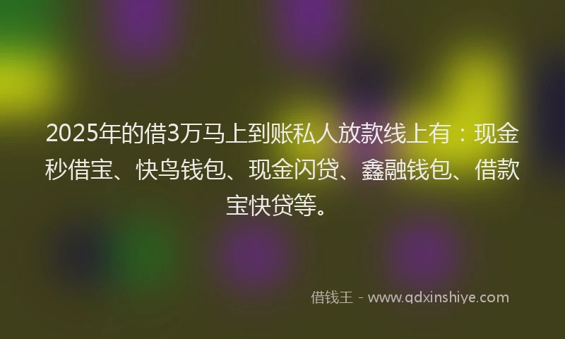 2025年的借3万马上到账私人放款线上有：现金秒借宝、快鸟钱包、现金闪贷、鑫融钱包、借款宝快贷等。