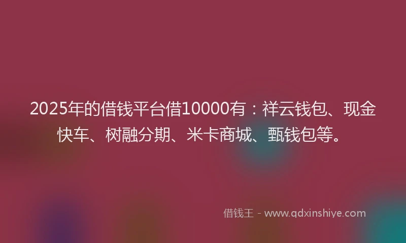 2025年的借钱平台借10000有：祥云钱包、现金快车、树融分期、米卡商城、甄钱包等。