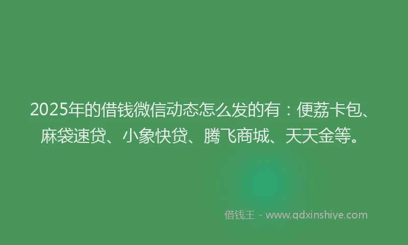 2025年的借钱微信动态怎么发的有：便荔卡包、麻袋速贷、小象快贷、腾飞商城、天天金等。