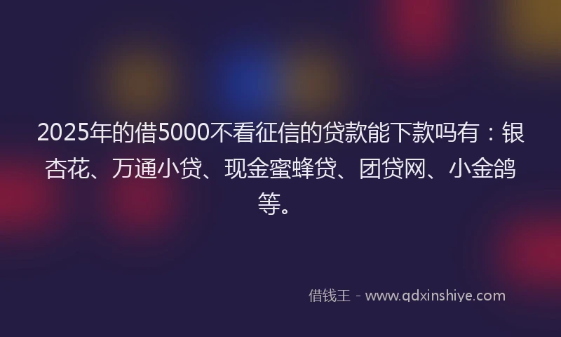 2025年的借5000不看征信的贷款能下款吗有：银杏花、万通小贷、现金蜜蜂贷、团贷网、小金鸽等。