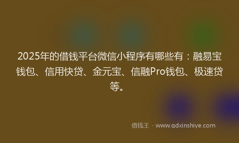 2025年的借钱平台微信小程序有哪些有：融易宝钱包、信用快贷、金元宝、信融Pro钱包、极速贷等。