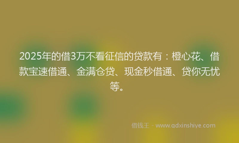 2025年的借3万不看征信的贷款有：橙心花、借款宝速借通、金满仓贷、现金秒借通、贷你无忧等。