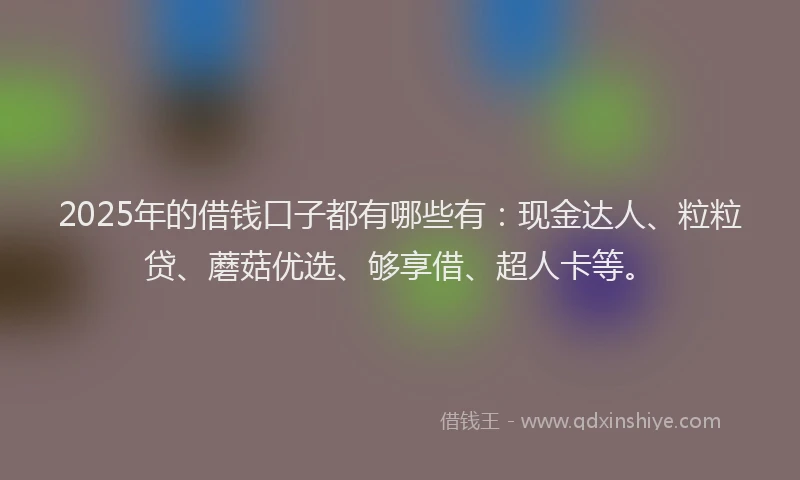 2025年的借钱口子都有哪些有：现金达人、粒粒贷、蘑菇优选、够享借、超人卡等。