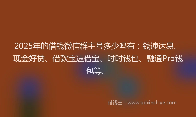 2025年的借钱微信群主号多少吗有：钱速达易、现金好贷、借款宝速借宝、时时钱包、融通Pro钱包等。
