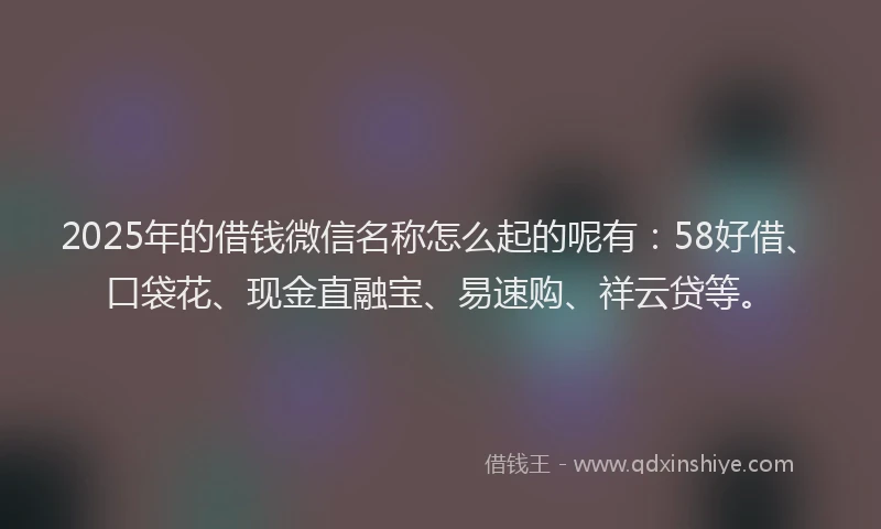2025年的借钱微信名称怎么起的呢有：58好借、口袋花、现金直融宝、易速购、祥云贷等。