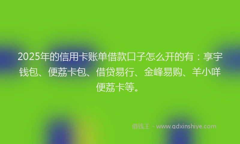 2025年的信用卡账单借款口子怎么开的有：享宇钱包、便荔卡包、借贷易行、金峰易购、羊小咩便荔卡等。