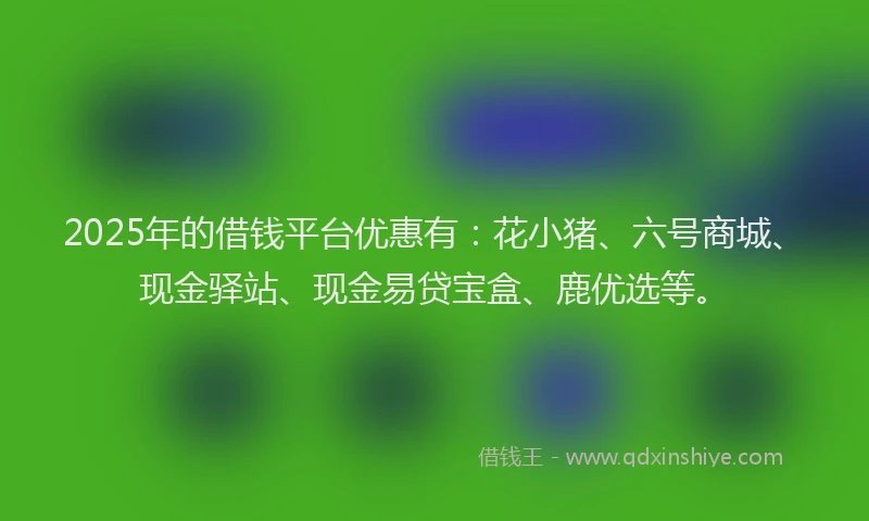 2025年的借钱平台优惠有：花小猪、六号商城、现金驿站、现金易贷宝盒、鹿优选等。