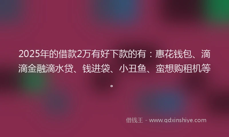 2025年的借款2万有好下款的有：惠花钱包、滴滴金融滴水贷、钱进袋、小丑鱼、蛮想购租机等。