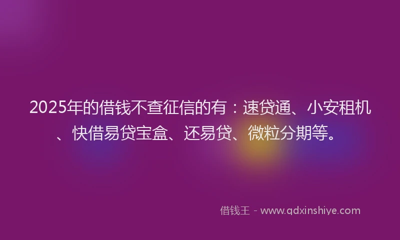 2025年的借钱不查征信的有：速贷通、小安租机、快借易贷宝盒、还易贷、微粒分期等。