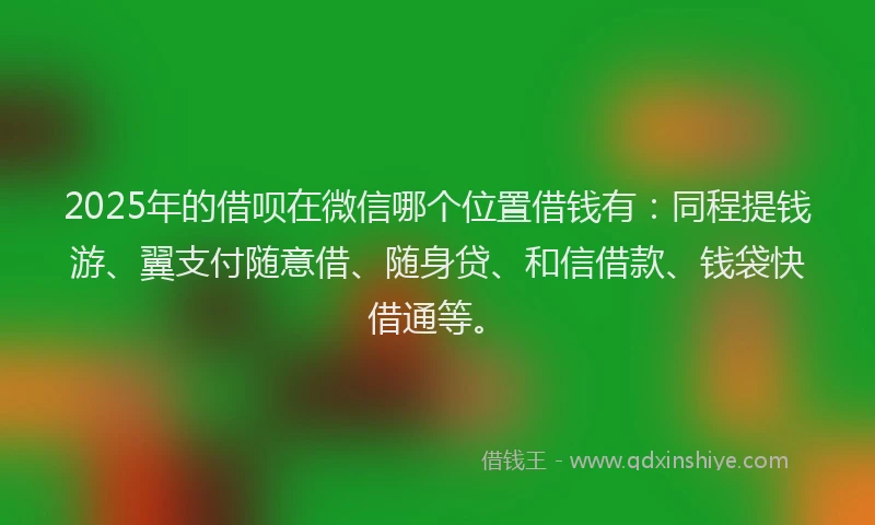 2025年的借呗在微信哪个位置借钱有：同程提钱游、翼支付随意借、随身贷、和信借款、钱袋快借通等。