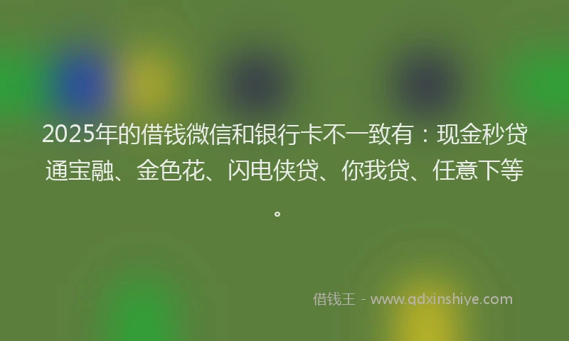 2025年的借钱微信和银行卡不一致有：现金秒贷通宝融、金色花、闪电侠贷、你我贷、任意下等。