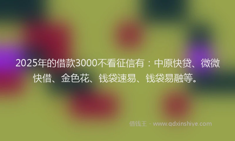 2025年的借款3000不看征信有：中原快贷、微微快借、金色花、钱袋速易、钱袋易融等。