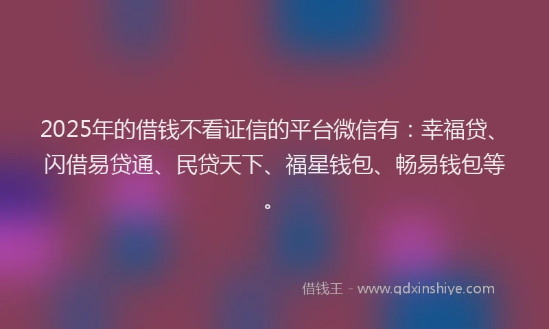 2025年的借钱不看证信的平台微信有:幸福贷、闪借易贷通、民贷天下、福星钱包、畅易钱包等。