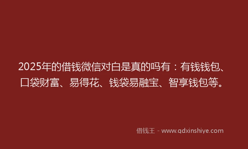 2025年的借钱微信对白是真的吗有：有钱钱包、口袋财富、易得花、钱袋易融宝、智享钱包等。