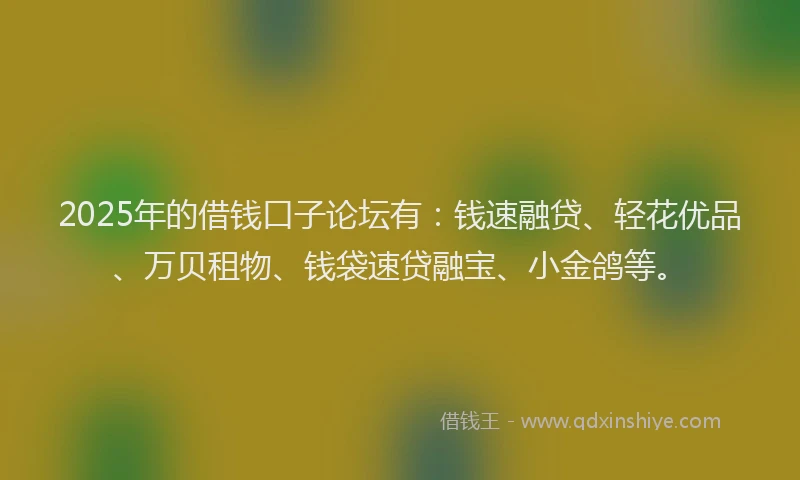 2025年的借钱口子论坛有：钱速融贷、轻花优品、万贝租物、钱袋速贷融宝、小金鸽等。