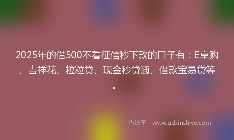 2025年的借500不看征信秒下款的口子有：E享购、吉祥花、粒粒贷、现金秒贷通、借款宝易贷等。
