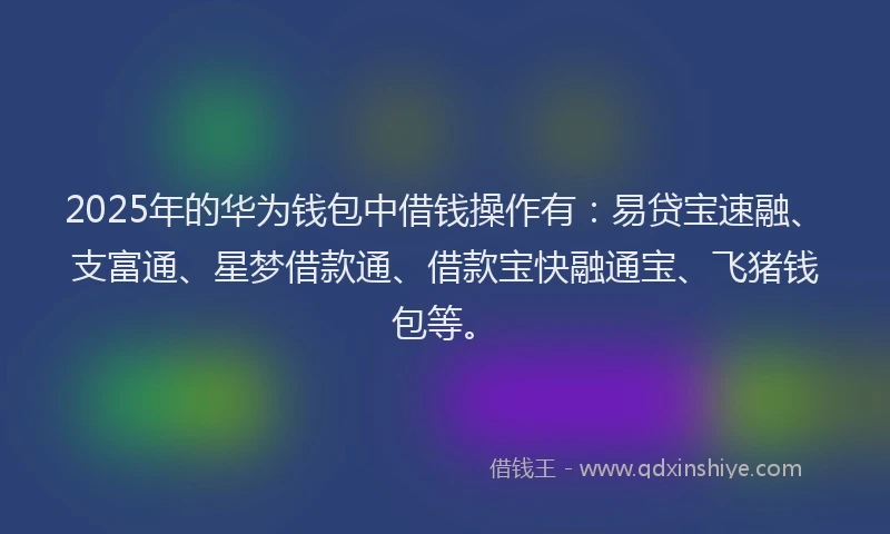 2025年的华为钱包中借钱操作有：易贷宝速融、支富通、星梦借款通、借款宝快融通宝、飞猪钱包等。