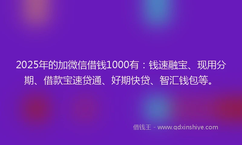 2025年的加微信借钱1000有：钱速融宝、现用分期、借款宝速贷通、好期快贷、智汇钱包等。