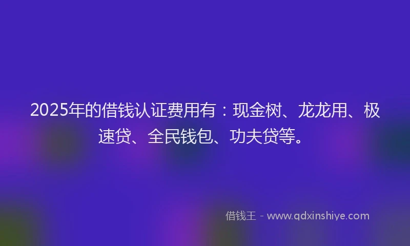 2025年的借钱认证费用有：现金树、龙龙用、极速贷、全民钱包、功夫贷等。