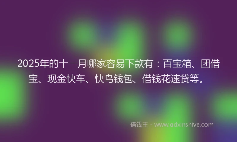 2025年的十一月哪家容易下款有：百宝箱、团借宝、现金快车、快鸟钱包、借钱花速贷等。
