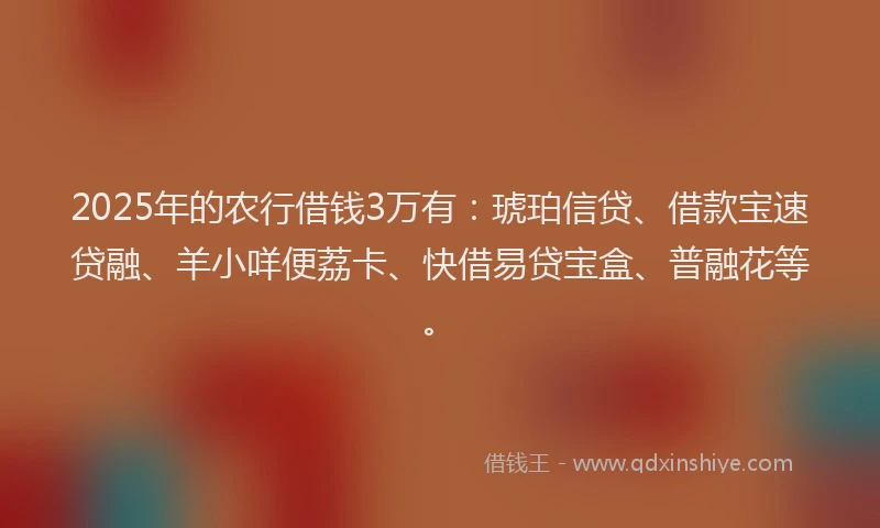 2025年的农行借钱3万有：琥珀信贷、借款宝速贷融、羊小咩便荔卡、快借易贷宝盒、普融花等。