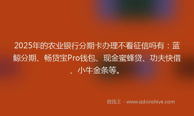 2025年的农业银行分期卡办理不看征信吗有：蓝鲸分期、畅贷宝Pro钱包、现金蜜蜂贷、功夫快借、小牛金条等。