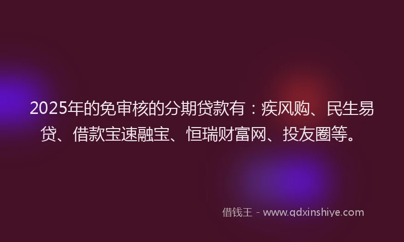 2025年的免审核的分期贷款有：疾风购、民生易贷、借款宝速融宝、恒瑞财富网、投友圈等。