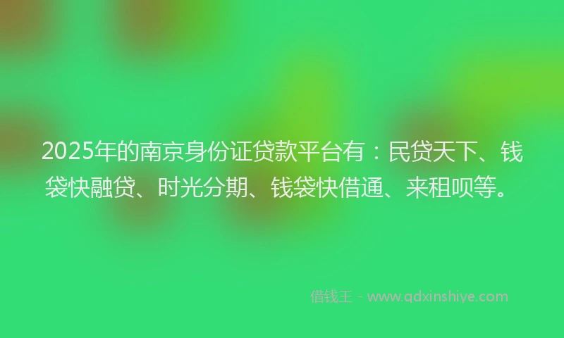 2025年的南京身份证贷款平台有：民贷天下、钱袋快融贷、时光分期、钱袋快借通、来租呗等。