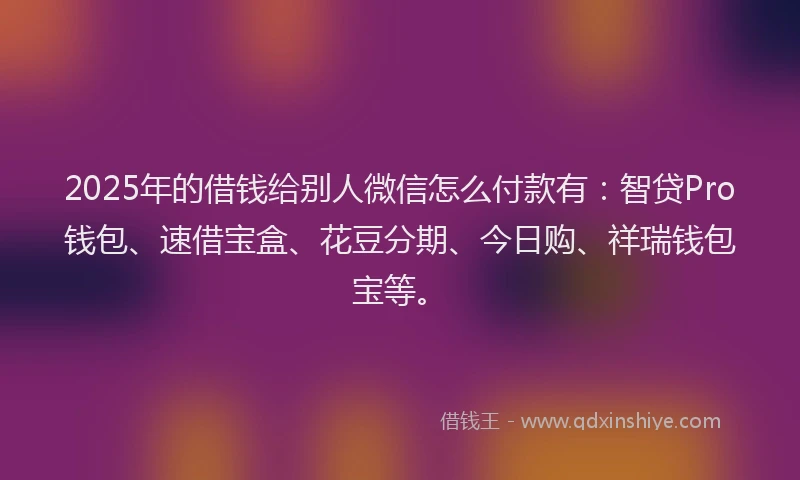 2025年的借钱给别人微信怎么付款有：智贷Pro钱包、速借宝盒、花豆分期、今日购、祥瑞钱包宝等。