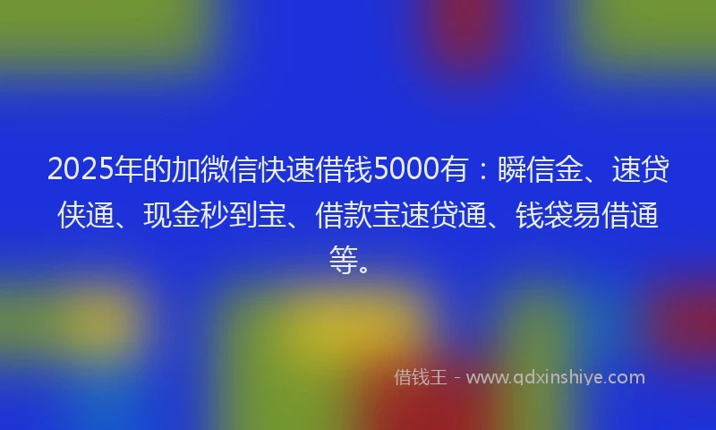 2025年的加微信快速借钱5000有:瞬信金、速贷侠通、现金秒到宝、借款宝速贷通、钱袋易借通等。