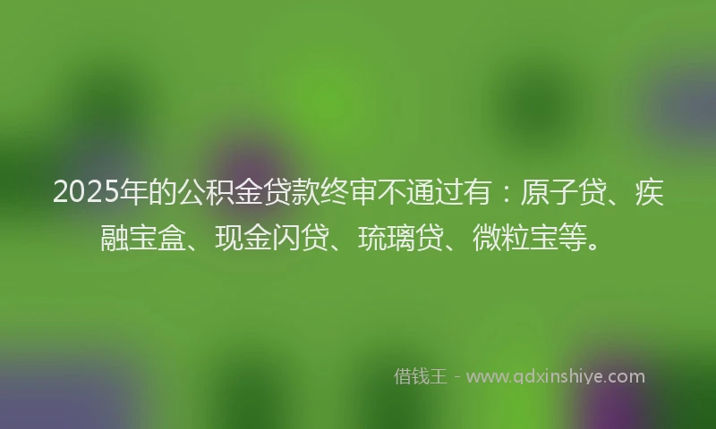 2025年的公积金贷款终审不通过有：原子贷、疾融宝盒、现金闪贷、琉璃贷、微粒宝等。