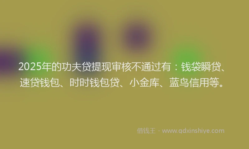 2025年的功夫贷提现审核不通过有：钱袋瞬贷、速贷钱包、时时钱包贷、小金库、蓝鸟信用等。