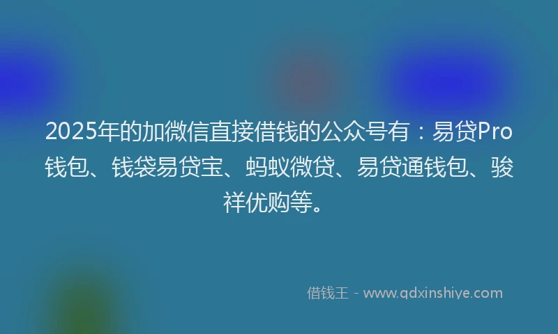 2025年的加微信直接借钱的公众号有：易贷Pro钱包、钱袋易贷宝、蚂蚁微贷、易贷通钱包、骏祥优购等。