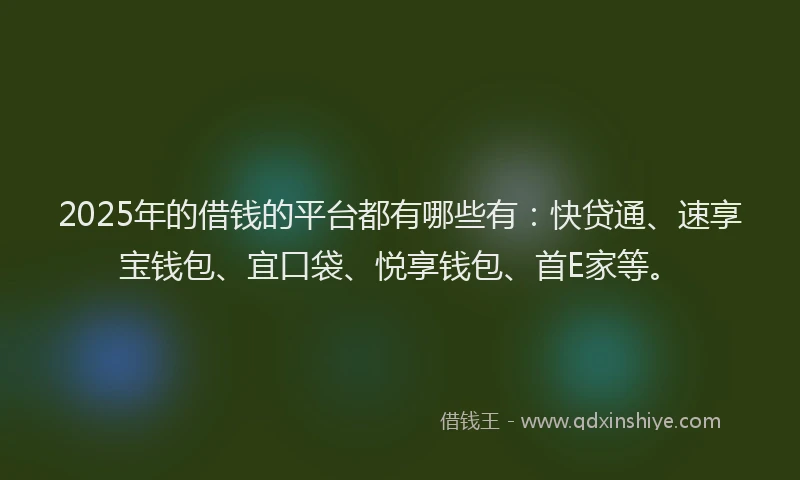 2025年的借钱的平台都有哪些有：快贷通、速享宝钱包、宜口袋、悦享钱包、首E家等。