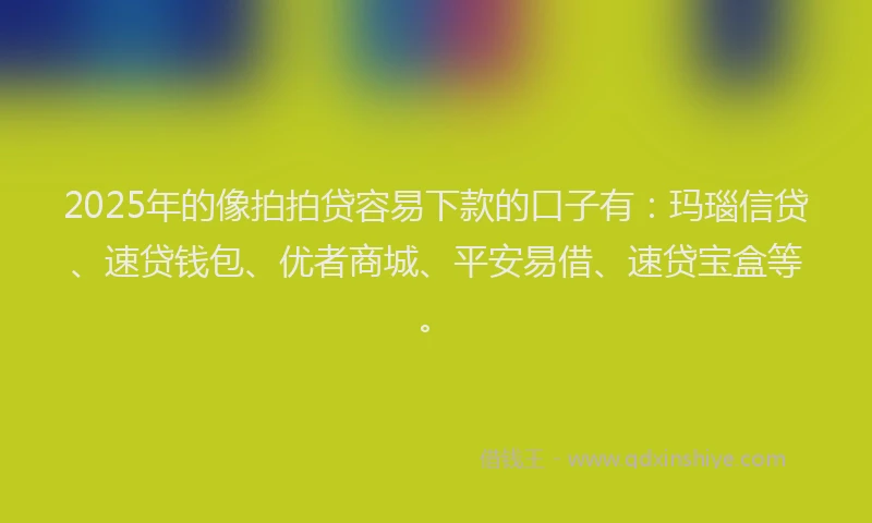 2025年的像拍拍贷容易下款的口子有：玛瑙信贷、速贷钱包、优者商城、平安易借、速贷宝盒等。