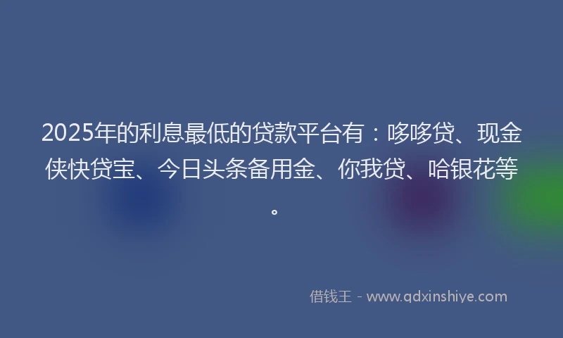 2025年的利息最低的贷款平台有：哆哆贷、现金侠快贷宝、今日头条备用金、你我贷、哈银花等。