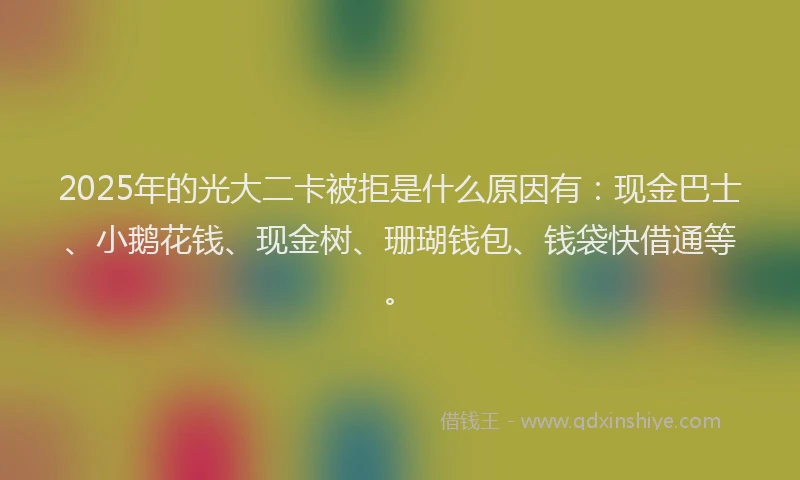 2025年的光大二卡被拒是什么原因有：现金巴士、小鹅花钱、现金树、珊瑚钱包、钱袋快借通等。