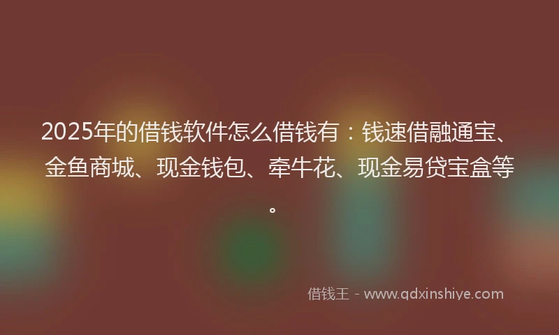 2025年的借钱软件怎么借钱有：钱速借融通宝、金鱼商城、现金钱包、牵牛花、现金易贷宝盒等。