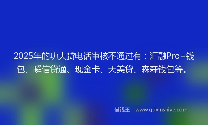 2025年的功夫贷电话审核不通过有：汇融Pro+钱包、瞬信贷通、现金卡、天美贷、森森钱包等。