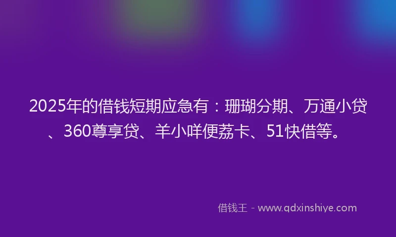 2025年的借钱短期应急有：珊瑚分期、万通小贷、360尊享贷、羊小咩便荔卡、51快借等。