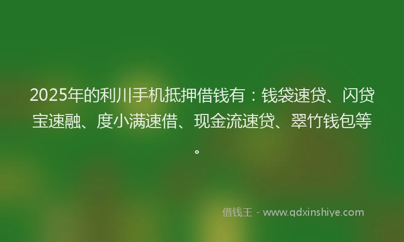 2025年的利川手机抵押借钱有：钱袋速贷、闪贷宝速融、度小满速借、现金流速贷、翠竹钱包等。