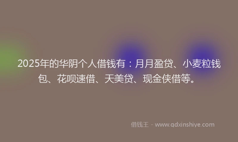 2025年的华阴个人借钱有：月月盈贷、小麦粒钱包、花呗速借、天美贷、现金侠借等。