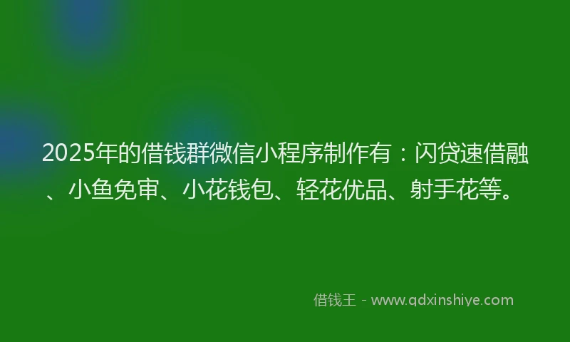 2025年的借钱群微信小程序制作有：闪贷速借融、小鱼免审、小花钱包、轻花优品、射手花等。