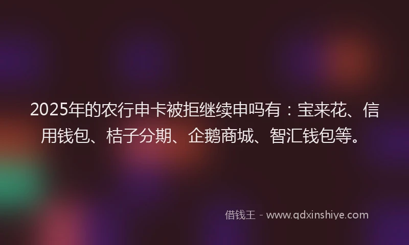 2025年的农行申卡被拒继续申吗有：宝来花、信用钱包、桔子分期、企鹅商城、智汇钱包等。