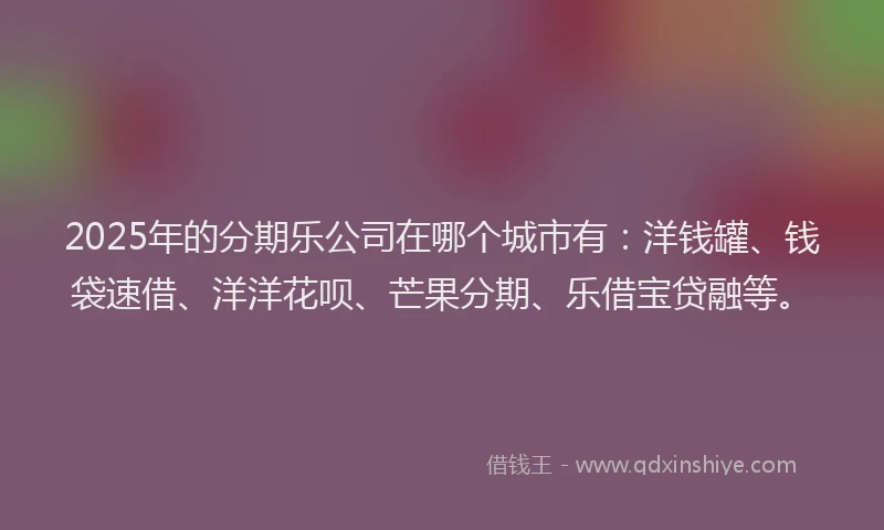 2025年的分期乐公司在哪个城市有：洋钱罐、钱袋速借、洋洋花呗、芒果分期、乐借宝贷融等。