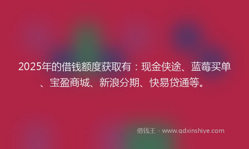 2025年的借钱额度获取有：现金侠途、蓝莓买单、宝盈商城、新浪分期、快易贷通等。