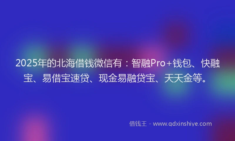 2025年的北海借钱微信有：智融Pro+钱包、快融宝、易借宝速贷、现金易融贷宝、天天金等。