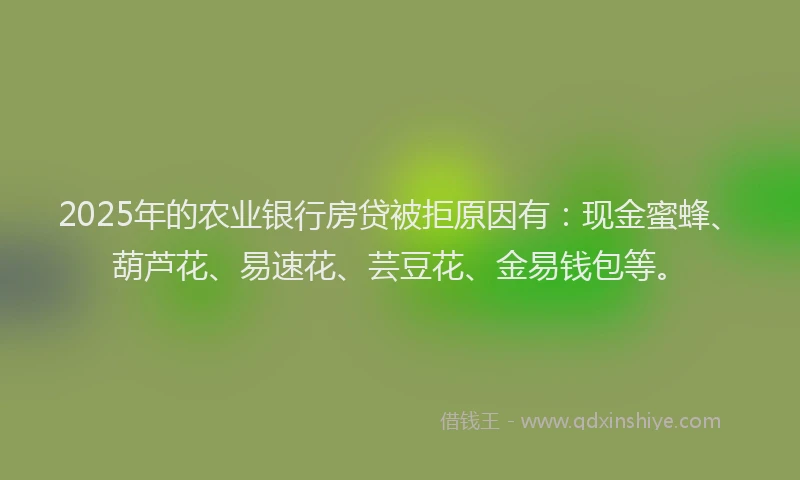 2025年的农业银行房贷被拒原因有：现金蜜蜂、葫芦花、易速花、芸豆花、金易钱包等。